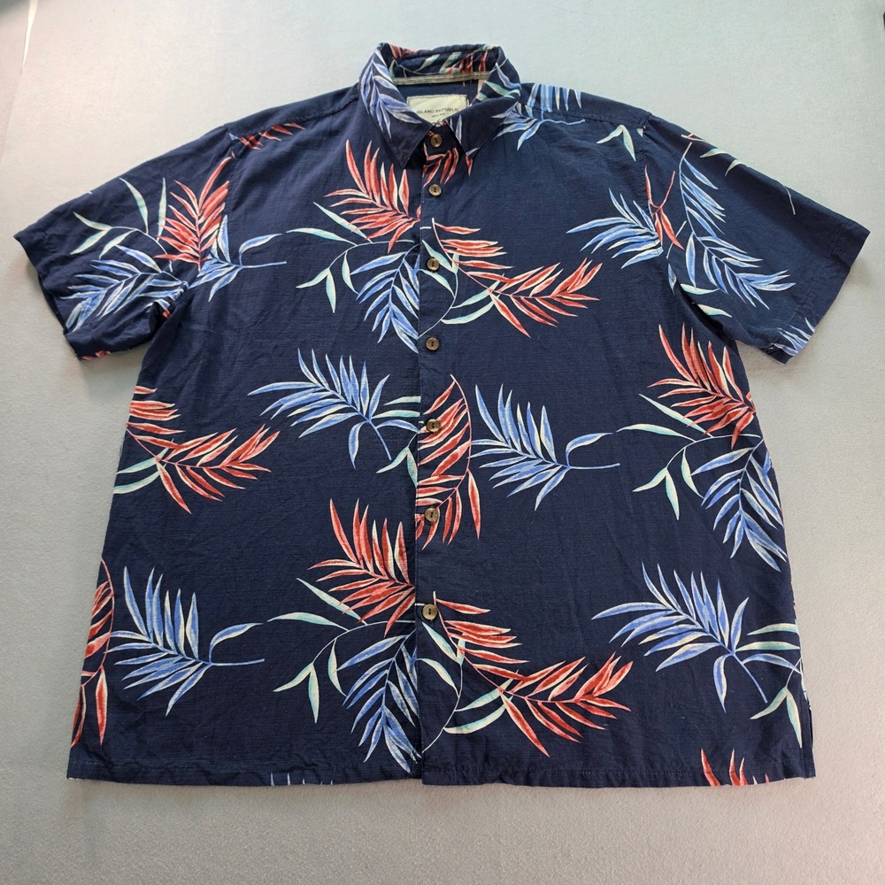 Island Republic Men XXL Navy Blue 100% Silk Tropical Palm Leaf Button Down Shirt